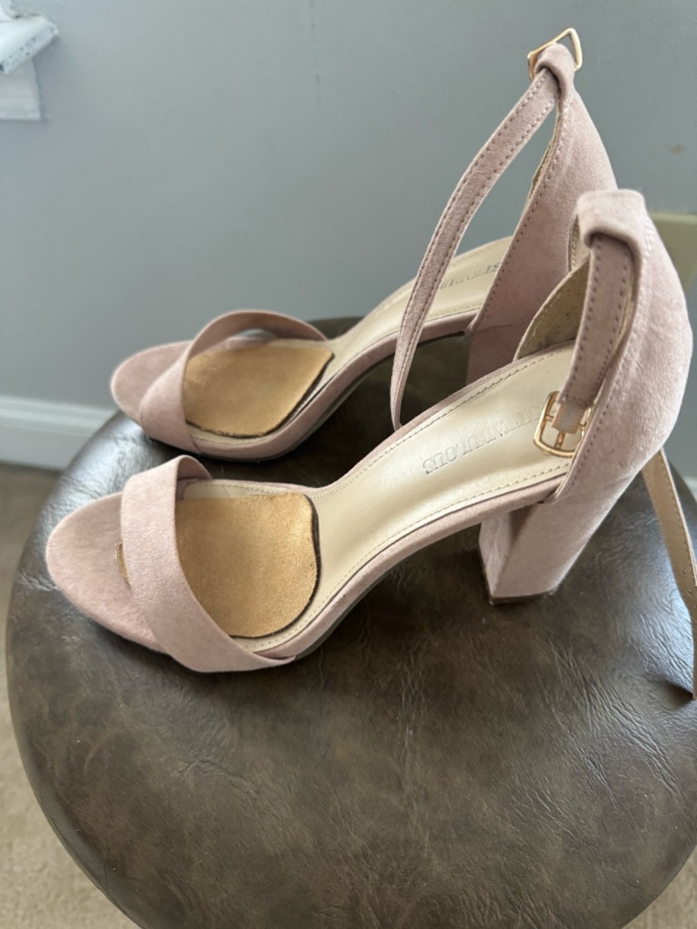JustFab Blush Suede Ankle-Strap Block Heel Sandals - Picture 2 of 5